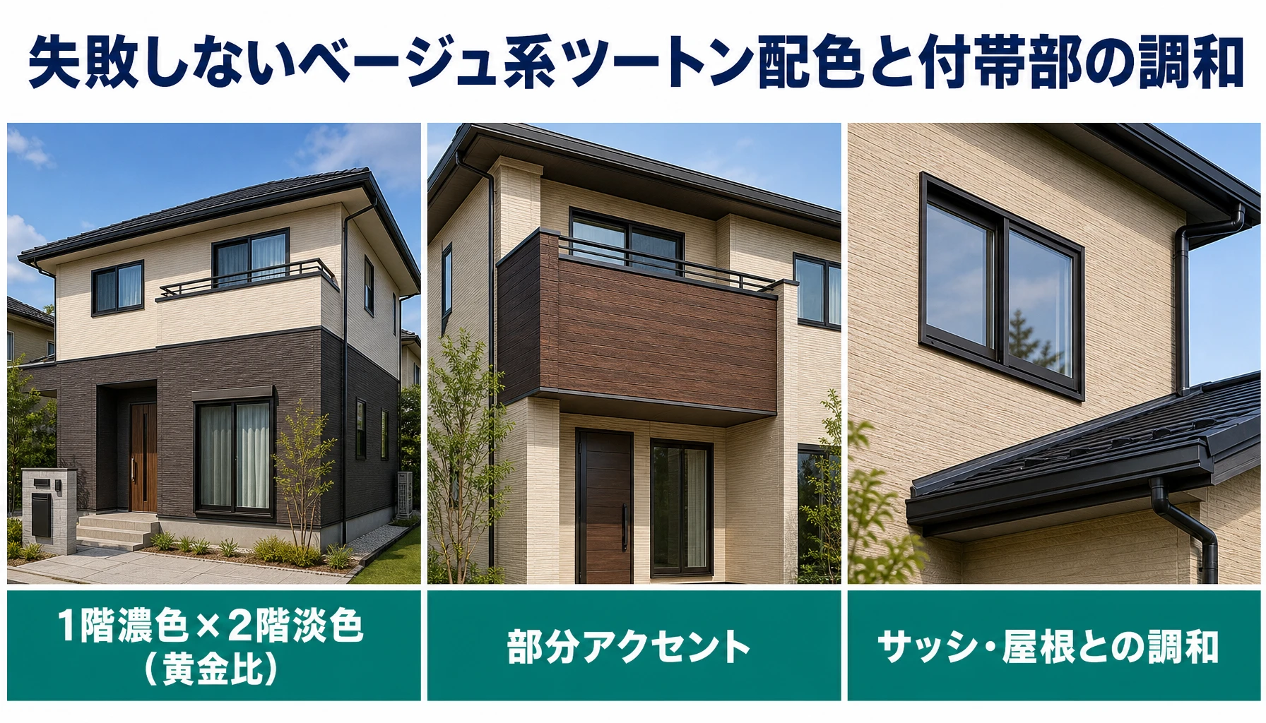 1階濃色2階淡色の黄金比、部分アクセント、サッシ屋根との調和を示した配色図解