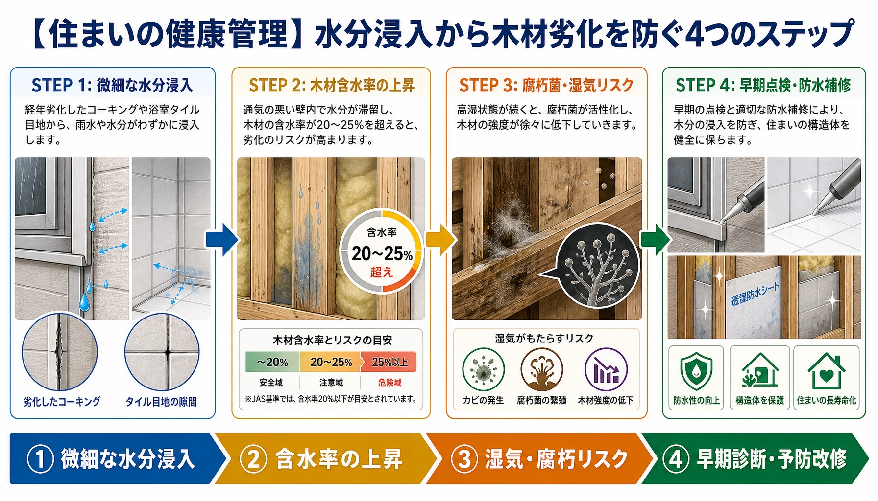 水分浸入から木材劣化を防ぐ4つのステップ解説インフォグラフィック