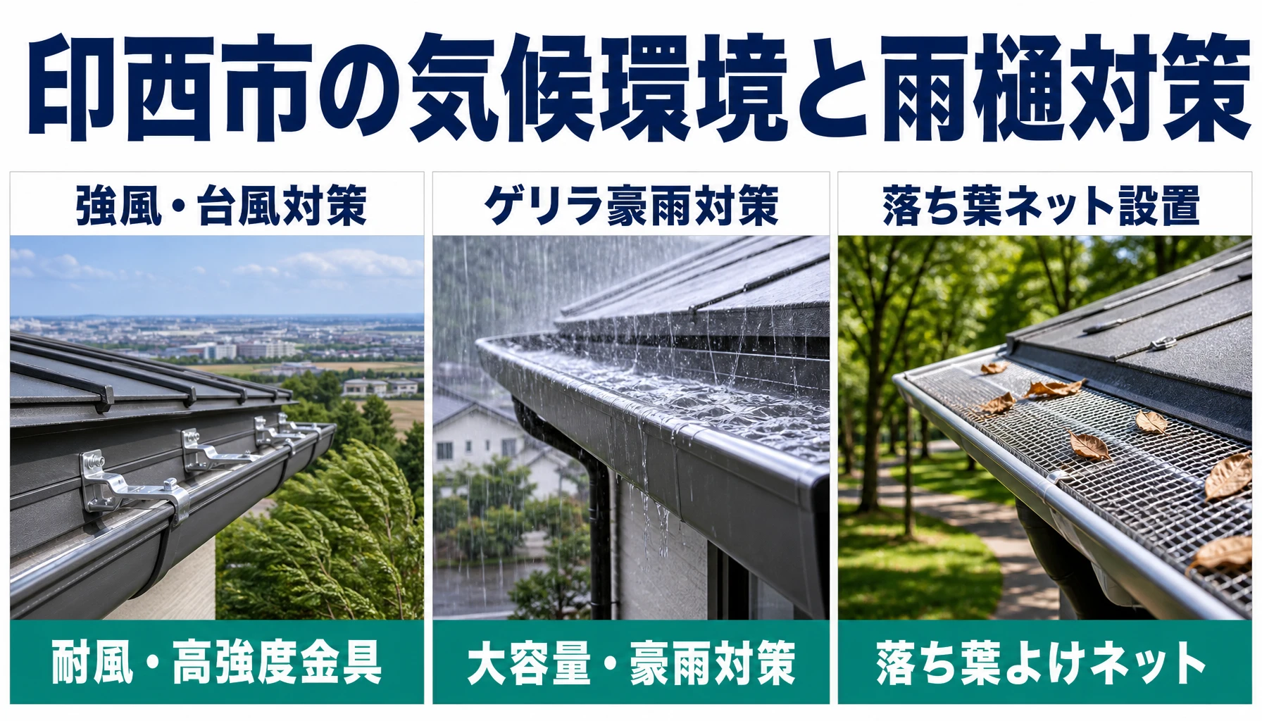 耐風高強度金具、大容量豪雨対策、落ち葉よけネットを示した気候対策図解