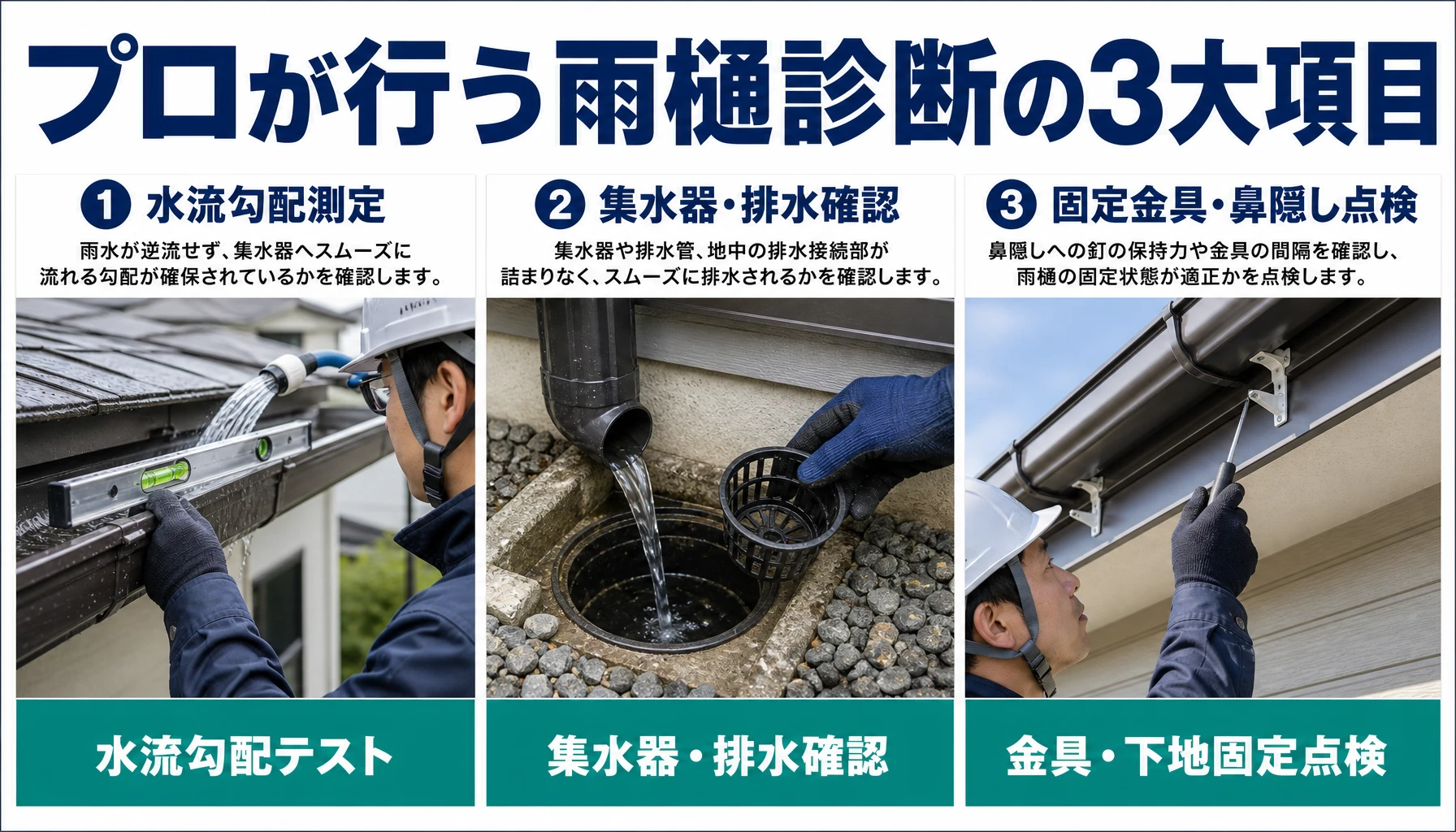 水流勾配テスト、集水器排水確認、金具下地固定点検を示した診断項目図解