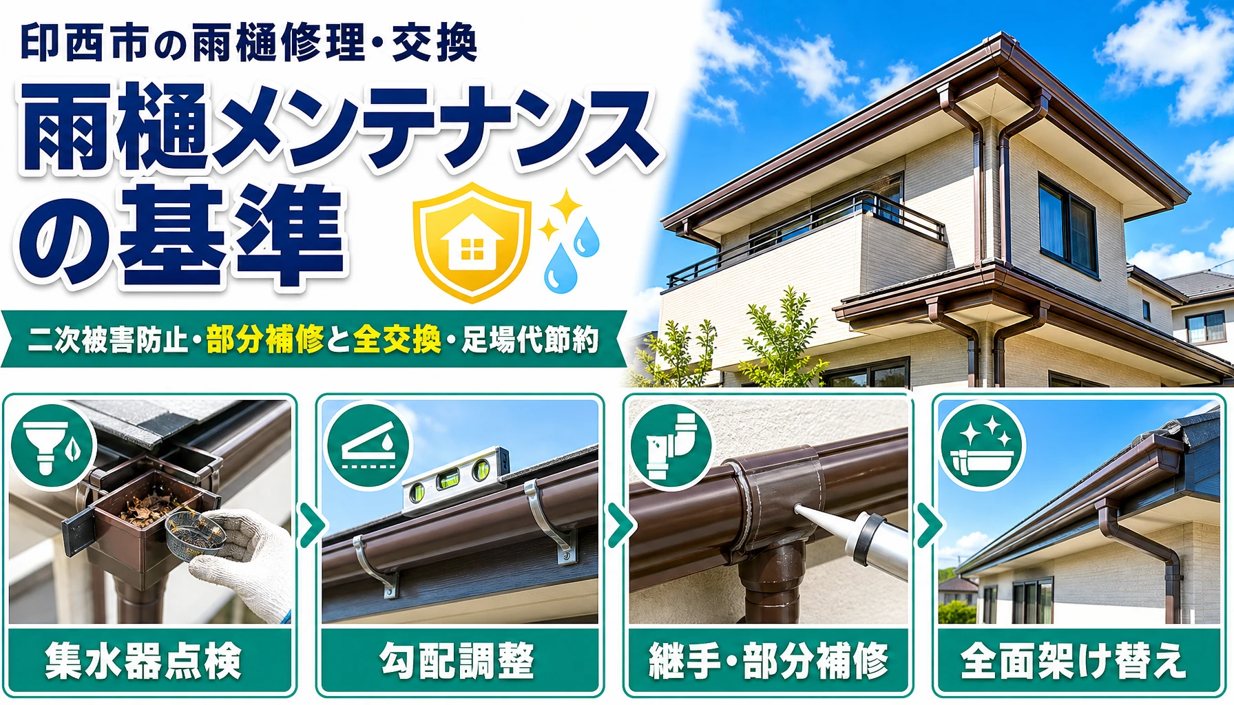 印西市で雨樋修理・交換の基準と費用、部分補修と全交換の判断を解説するアイキャッチ画像