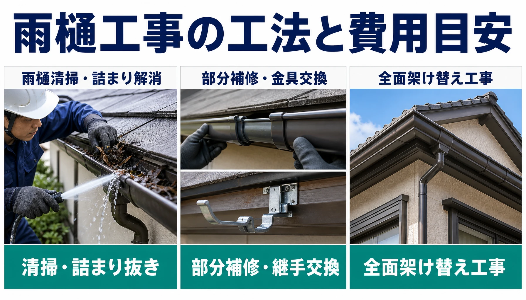 清掃詰まり抜き、部分補修継手交換、全面架け替え工事を示した工法比較図解