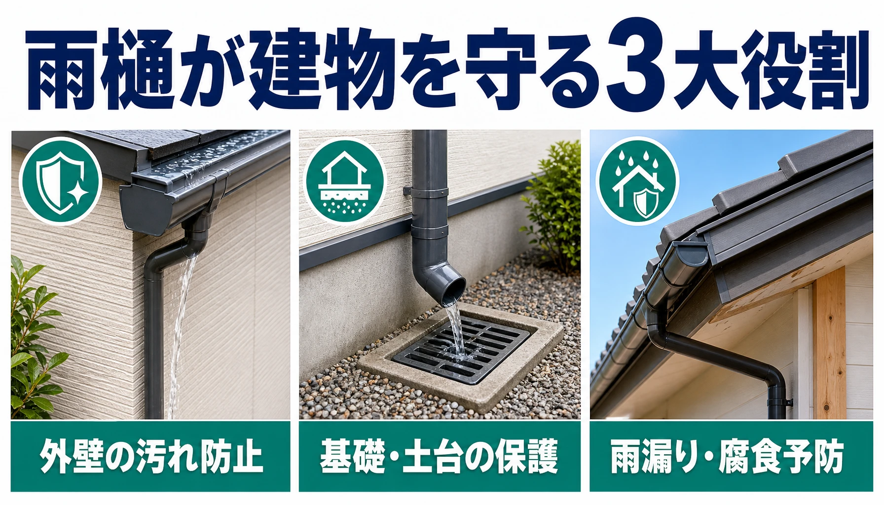 外壁保護、基礎土台保護、雨漏り予防を示した雨樋の3大役割図解