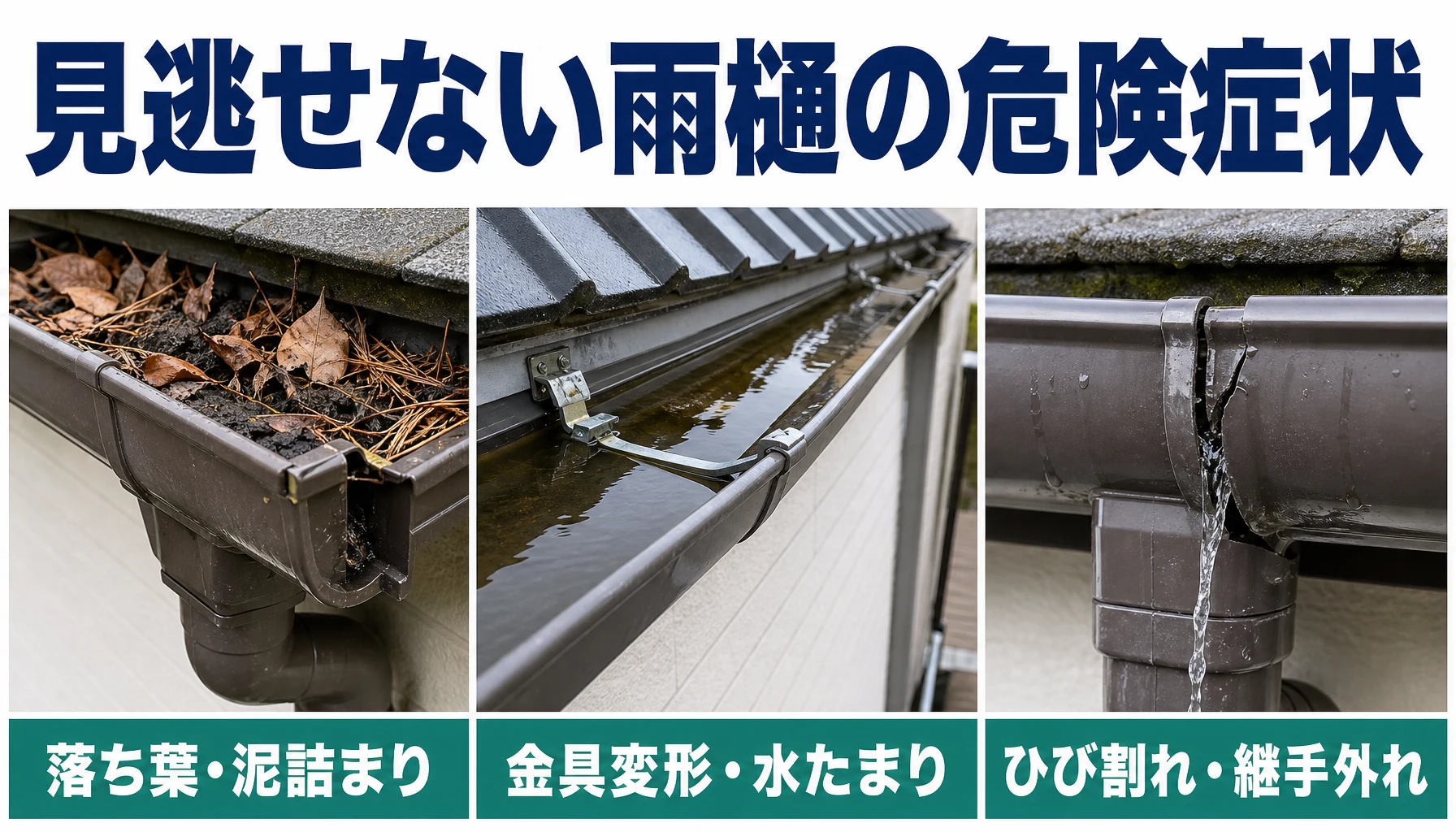 落ち葉泥詰まり、金具変形水たまり、ひび割れ継手外れを示した雨樋の劣化症状図解