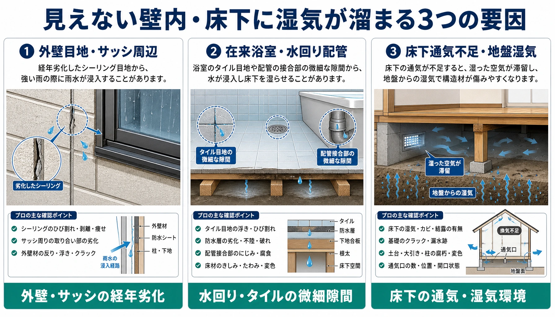 見えない壁内や床下に湿気が溜まる3つの要因の解説図解