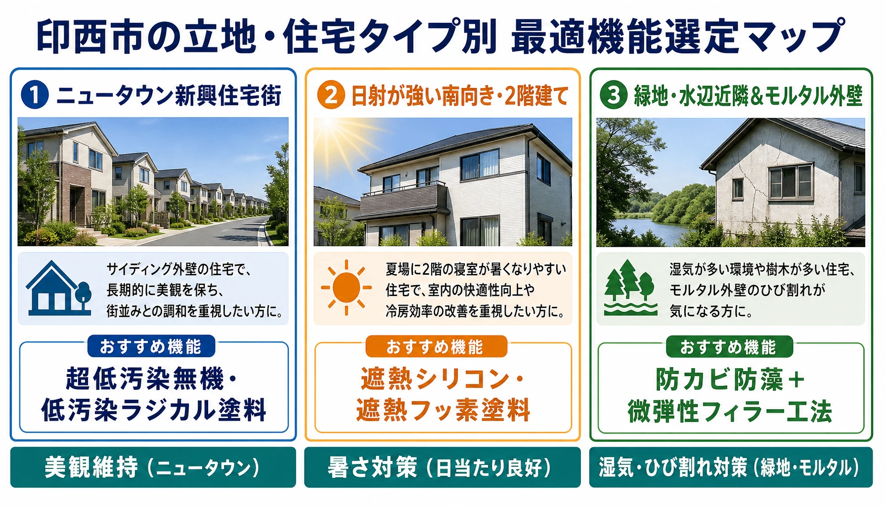 印西市の立地環境と住宅タイプに合わせた最適塗料機能選定マップ図解