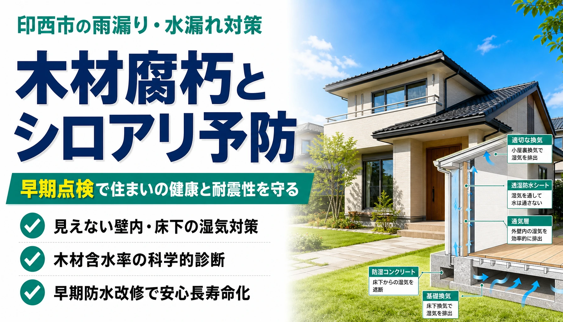 印西市で雨漏りや水漏れから木材腐朽とシロアリを防ぎ早期点検で住まいを守る解説アイキャッチ画像