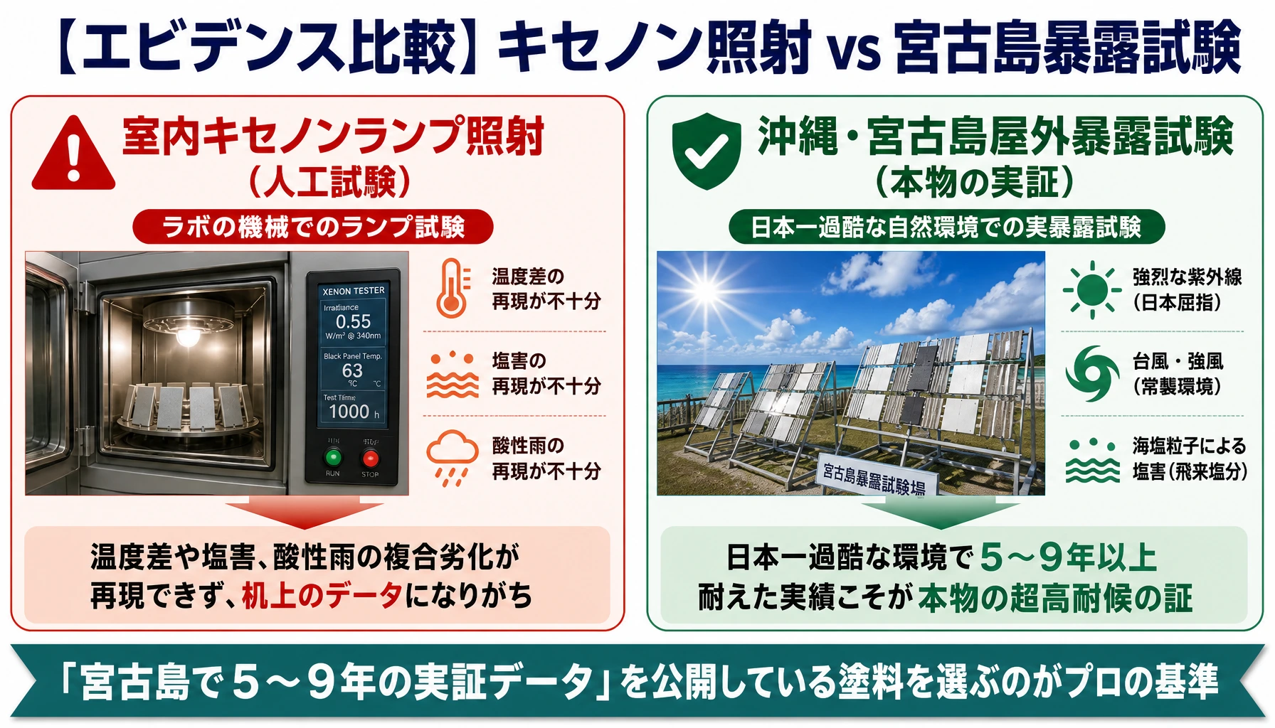 室内キセノンランプ人工試験と沖縄宮古島屋外暴露試験の決定的な違いを示した比較図解