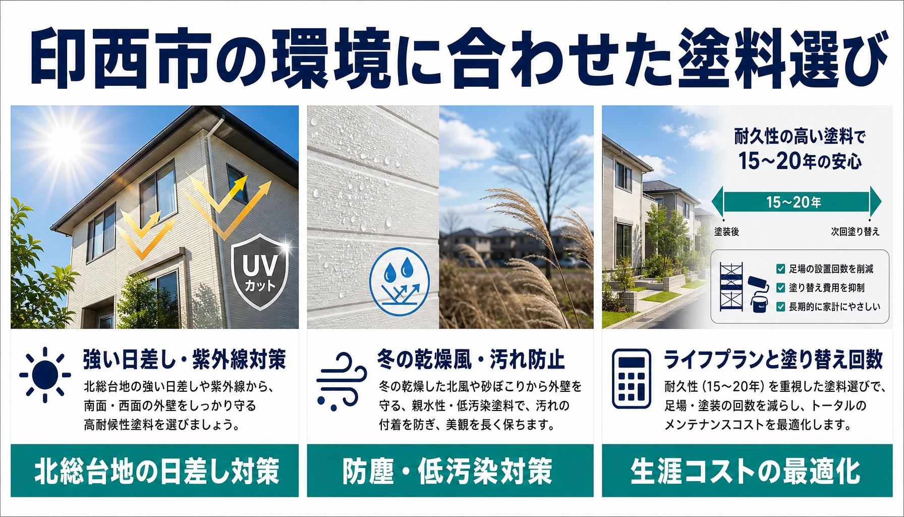 印西市の環境に合わせた塗料選び 北総台地の日差し対策、防塵低汚染対策、生涯コスト最適化を示した選び方図解