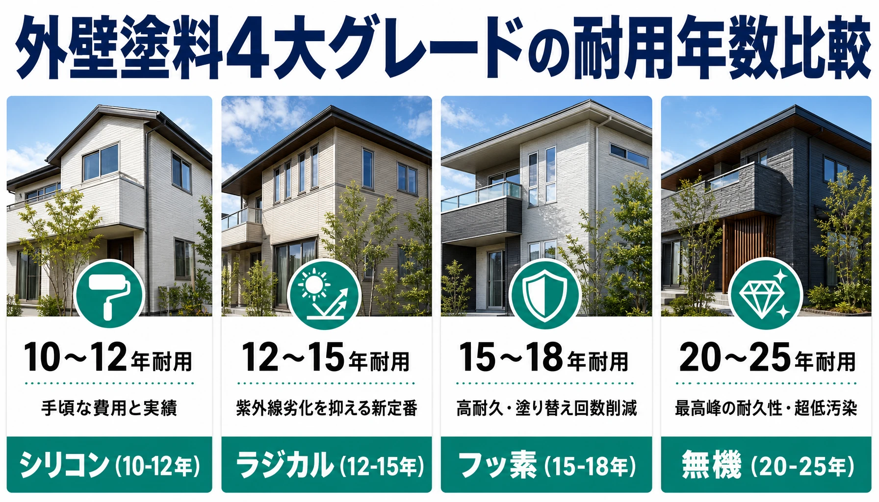 外壁塗料4大グレードの耐用年数比較 シリコン、ラジカル、フッ素、無機塗料の耐用年数と特徴を比較した図解