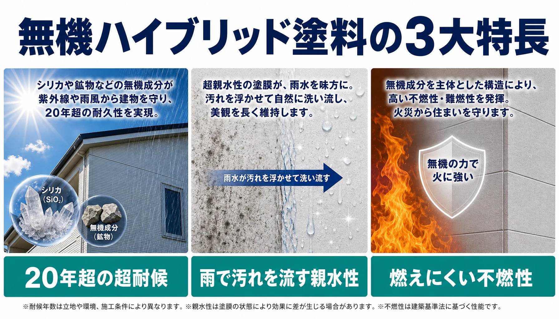 無機ハイブリッド塗料の3大特長 20年超の超耐候、親水性セルフクリーニング、不燃性を示した無機塗料図解