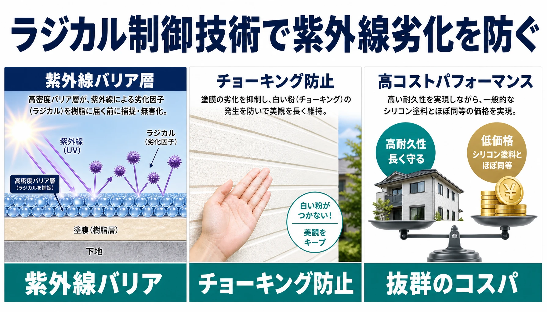 ラジカル制御技術で紫外線劣化を防ぐ 紫外線バリア、チョーキング防止、抜群のコストパフォーマンスを示したラジカル塗料図解