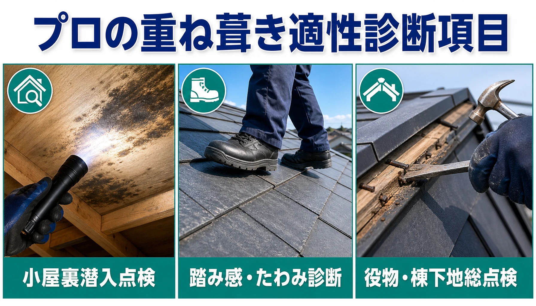 プロの重ね葺き適性診断項目 小屋裏潜入点検、たわみ測定、役物総点検を示した診断項目図解
