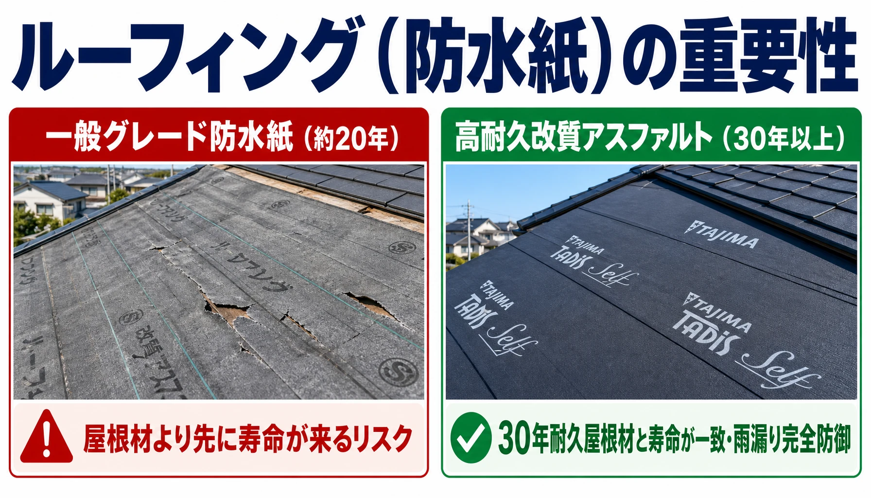 ルーフィング(防水紙)の重要性 一般防水紙と高耐久改質アスファルトルーフィングの耐久性比較図解