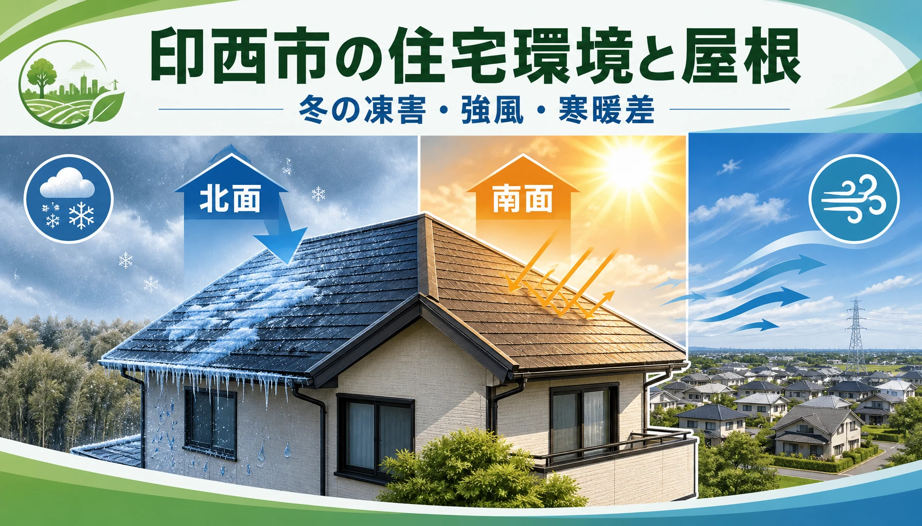 印西市の住宅環境と屋根 冬の凍害、強風、日当たりと湿気の影響を示した印西市の住宅環境と屋根の図解