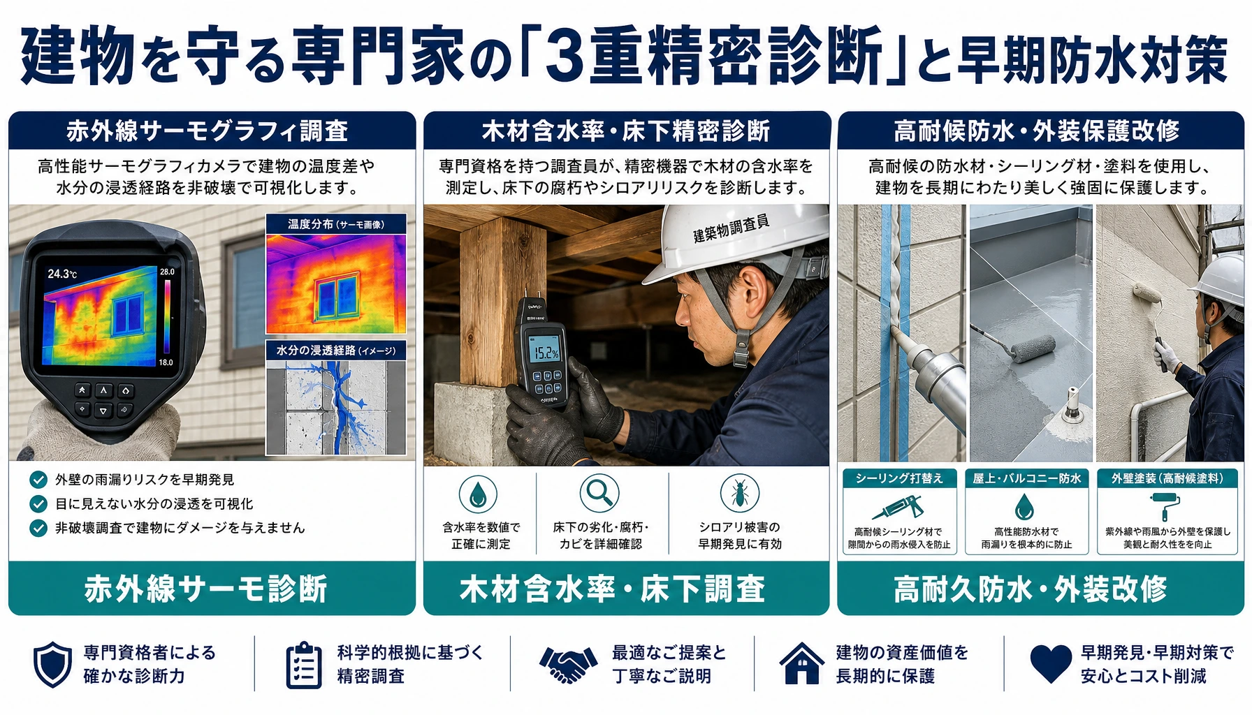 赤外線サーモグラフィ調査、木材含水率診断、高耐久防水改修による精密診断の解説図解