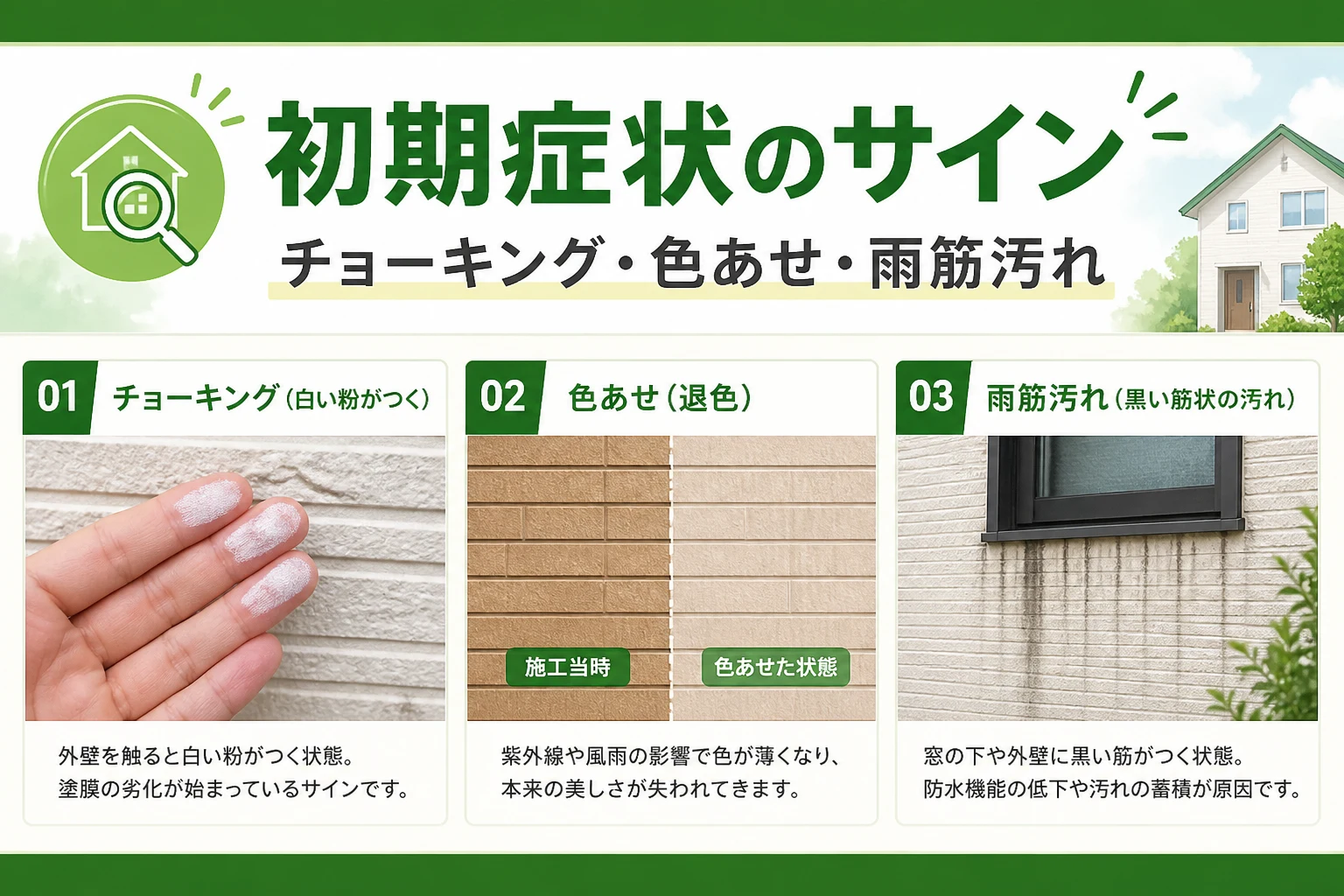 地上から確認できる外壁の初期症状を示す帯画像