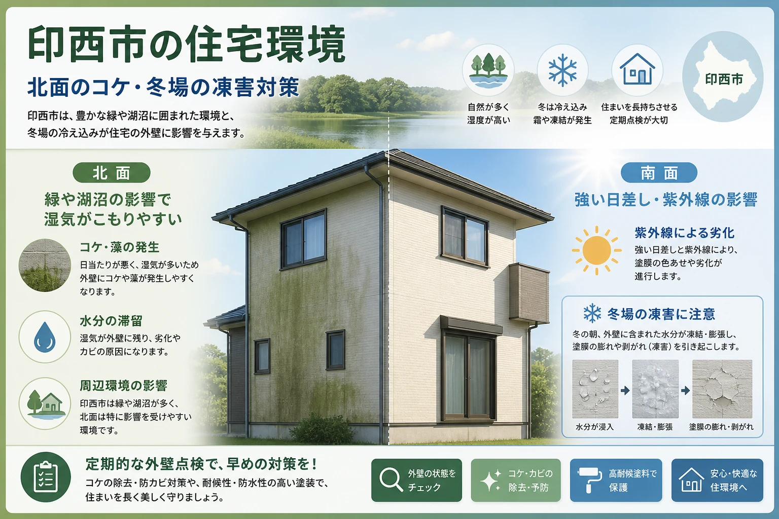 印西市の住宅環境で出やすい外壁の傷みを示す帯画像