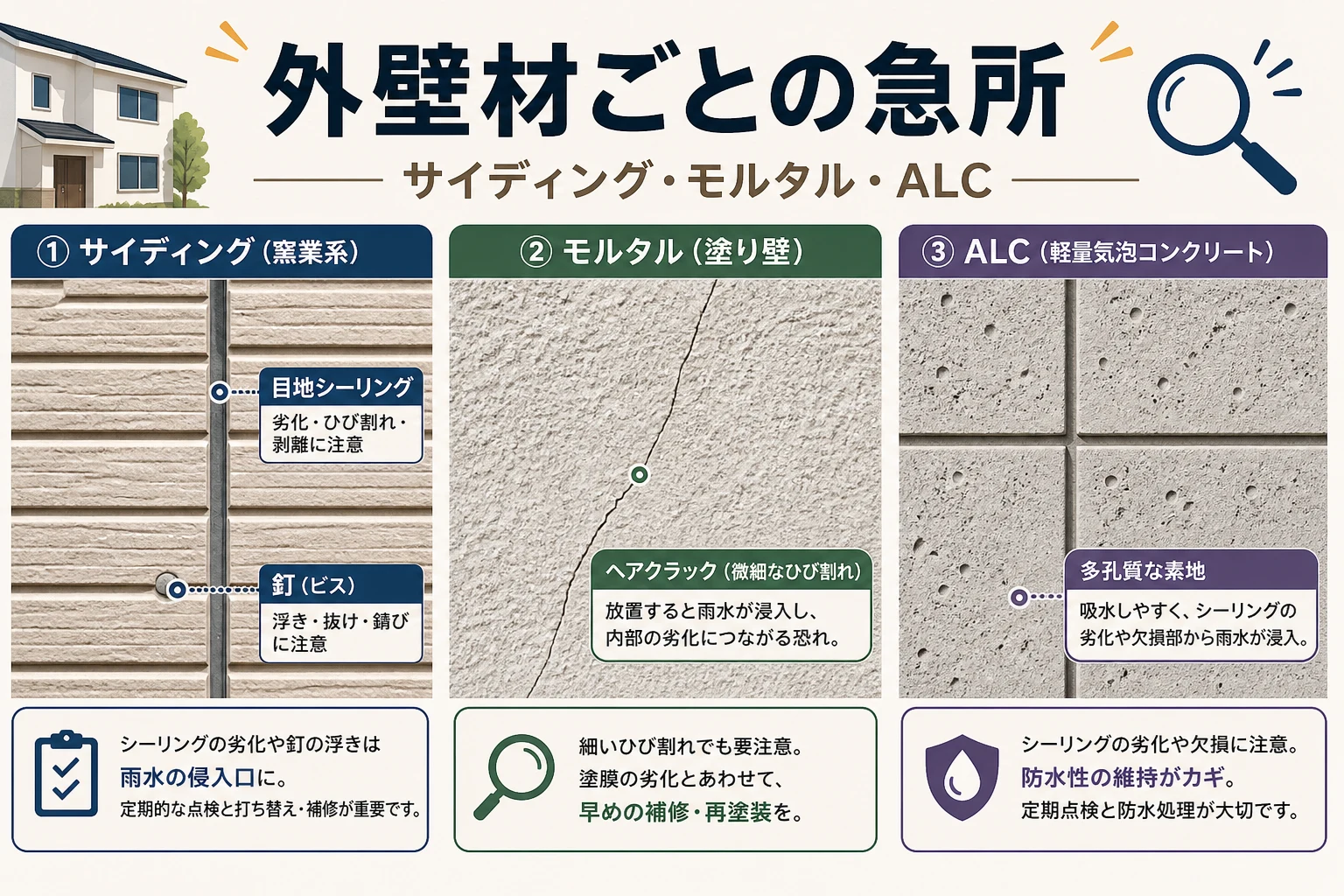外壁材の種類ごとの急所を示す帯画像