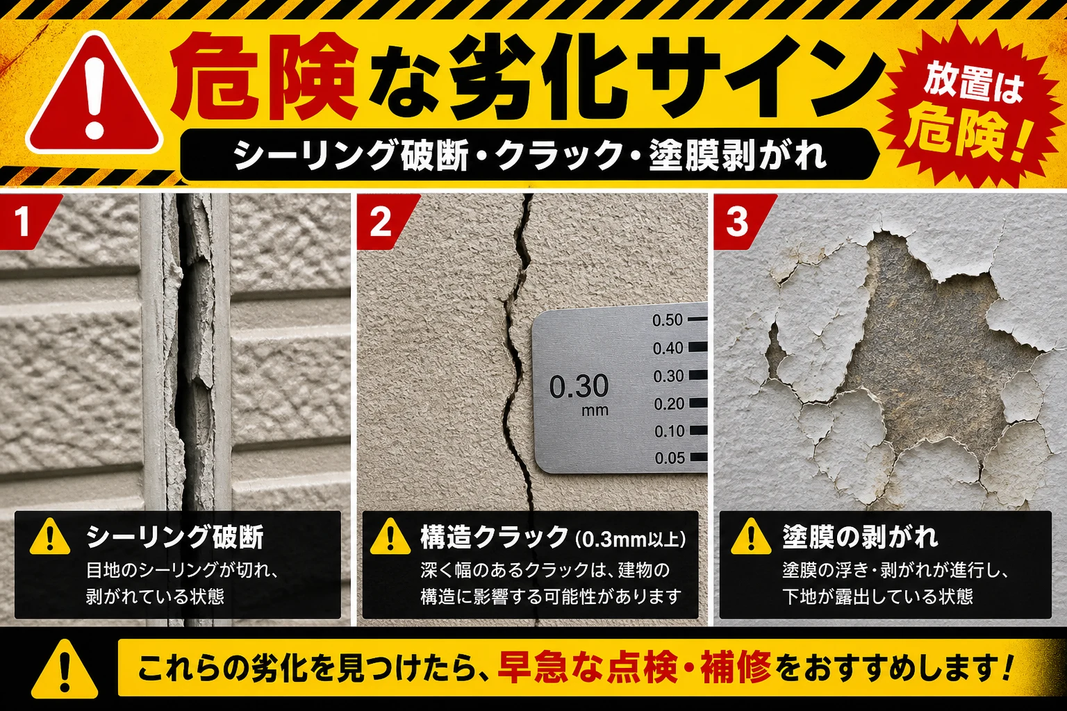 雨水浸入を招く危険な劣化サインを示す帯画像