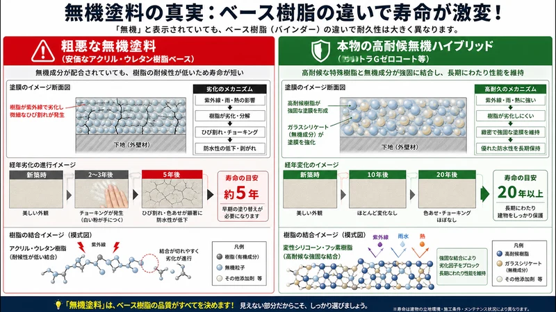 無機塗料の真実:ベース樹脂(結合樹脂)の違いによる耐久性とひび割れリスクの構造解説図