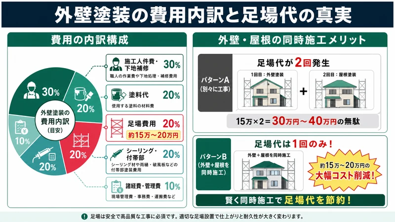 外壁塗装の費用内訳と外壁屋根同時施工による足場代節約の図解