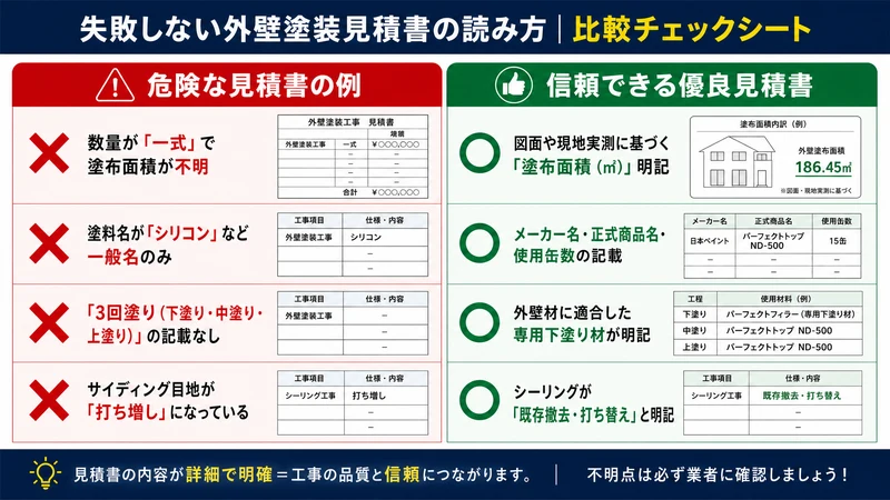 危険な一式見積書と信頼できる優良詳細見積書の比較チェックシート