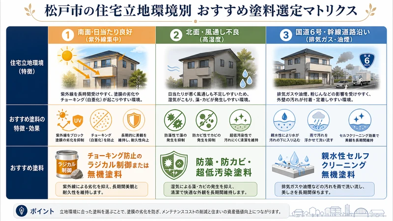 松戸市の立地環境別(日当たり良好・湿気コケ・幹線道路排ガス)最適塗料選定マトリクス