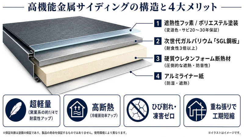 最新金属サイディング(SGL鋼板+硬質ウレタン断熱)の構造と公的スペック解説図解