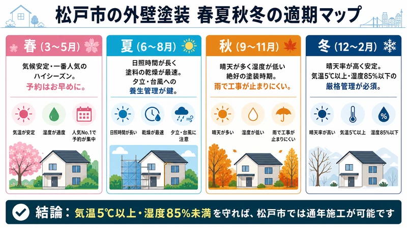 松戸市における季節別の外壁塗装特徴とメリット・注意点まとめ図解