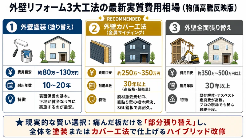 松戸市の外壁リフォーム費用相場と工法比較インフォグラフィック