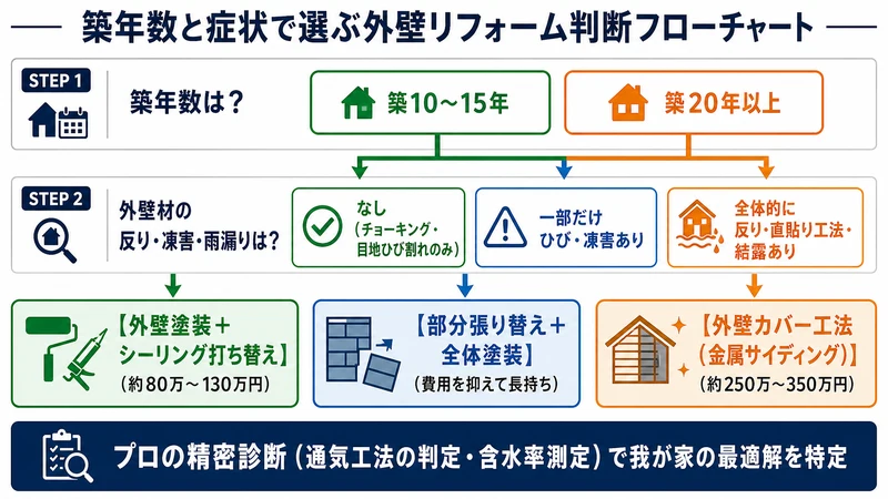 外壁リフォームの工法選択YES/NO判断フローチャート図解