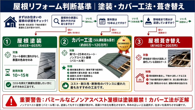屋根塗装・カバー工法・葺き替えの判断基準とパミール屋根の注意点図解