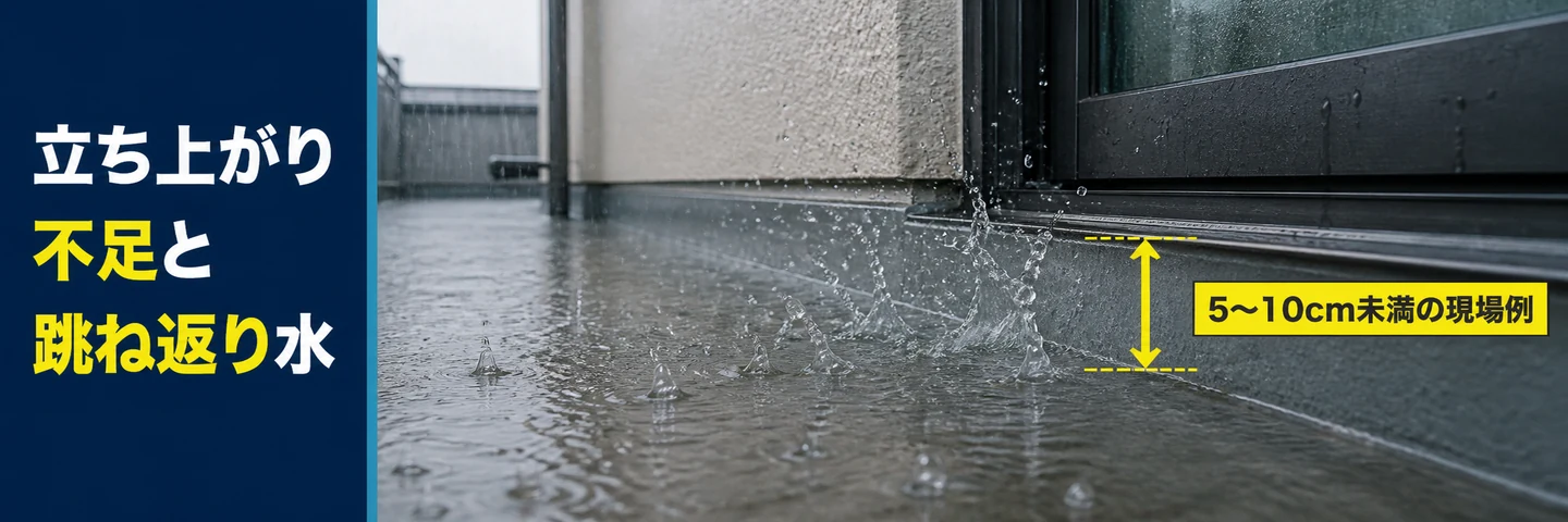 ベランダ防水の立ち上がり不足と跳ね返り水による漏水を示した帯画像