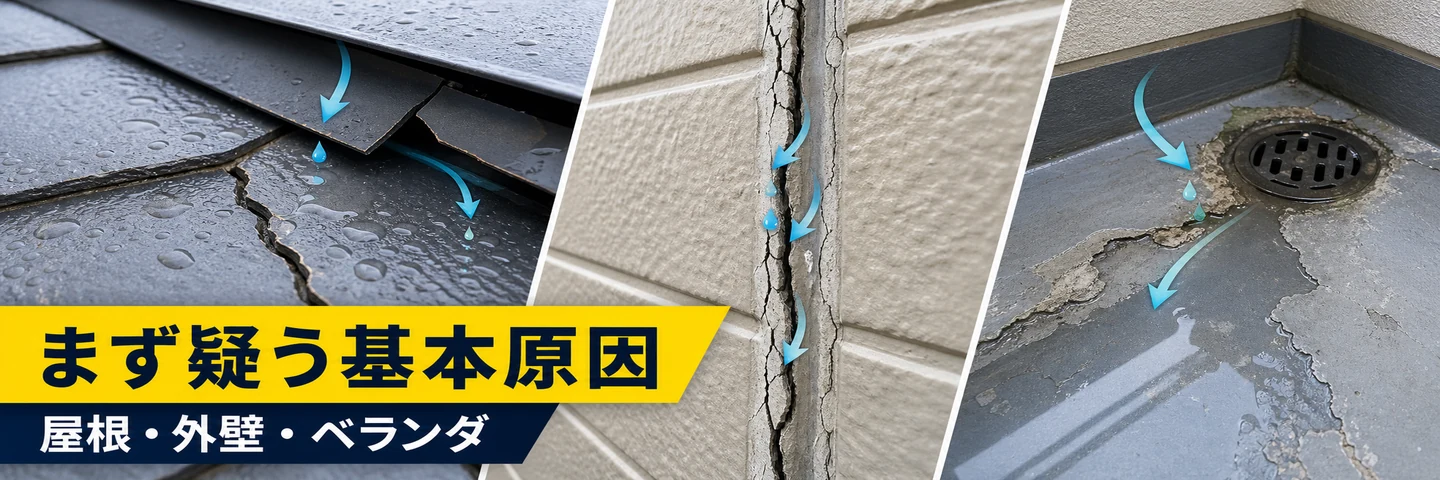 雨漏りでまず疑う屋根外壁ベランダの基本原因を示した帯画像