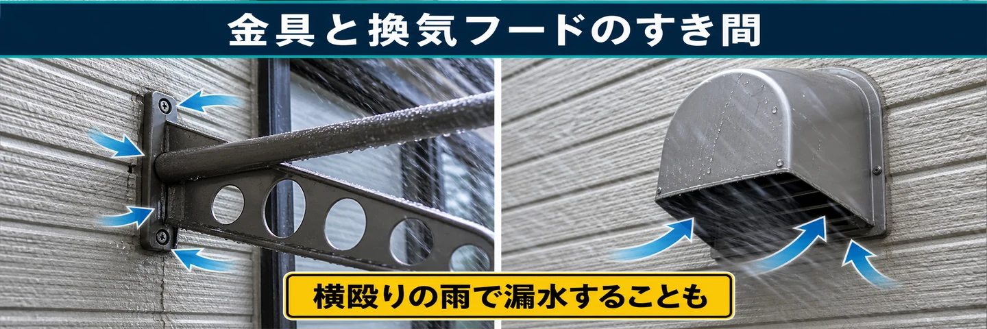 物干し金具と換気フードのすき間から横殴りの雨で漏水することを示した帯画像