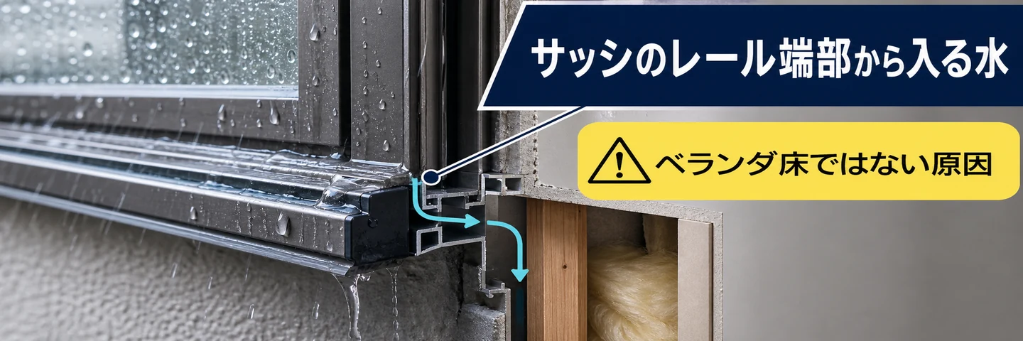 サッシのレール端部から雨水が入る意外な雨漏り原因を示した帯画像