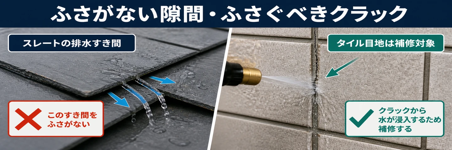 スレートの排水すき間はふさがずタイル目地クラックは補修対象であることを示した帯画像