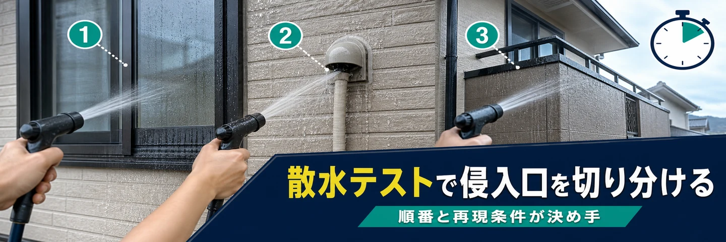 散水テストで窓サッシや換気フードやベランダの侵入口を切り分ける帯画像