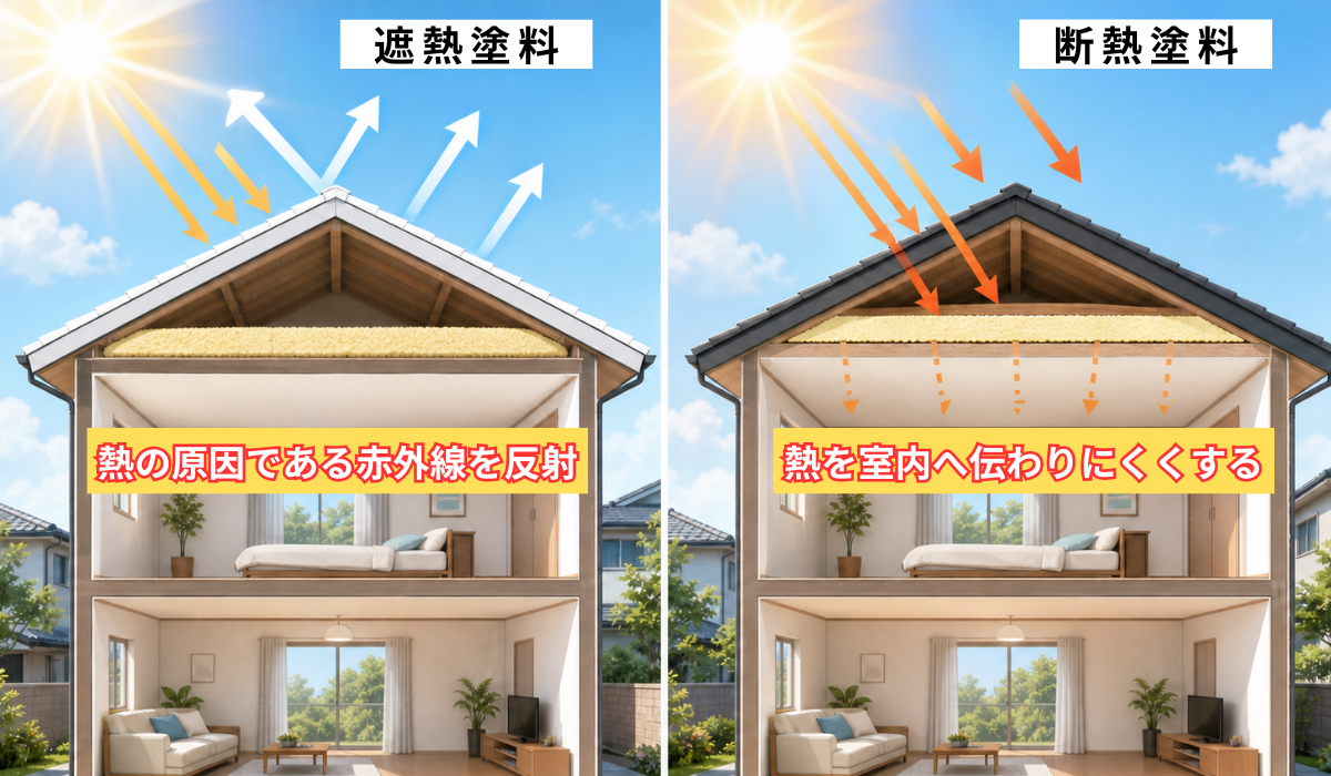 柏市　外壁屋根塗装工事のシャイン　遮熱塗装　遮熱塗料と断熱塗料の違いの説明画像