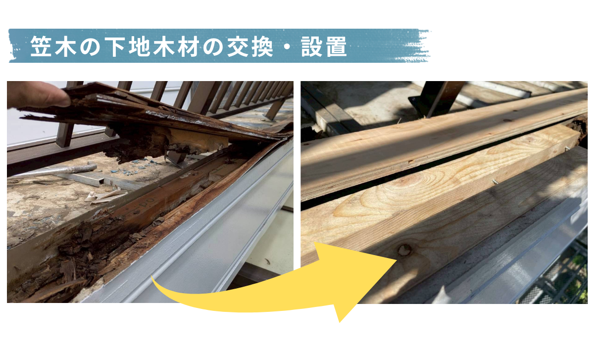 柏市　外壁屋根塗装工事のシャイン　笠木交換　笠木下地交換　雨漏り　軒天シミ
